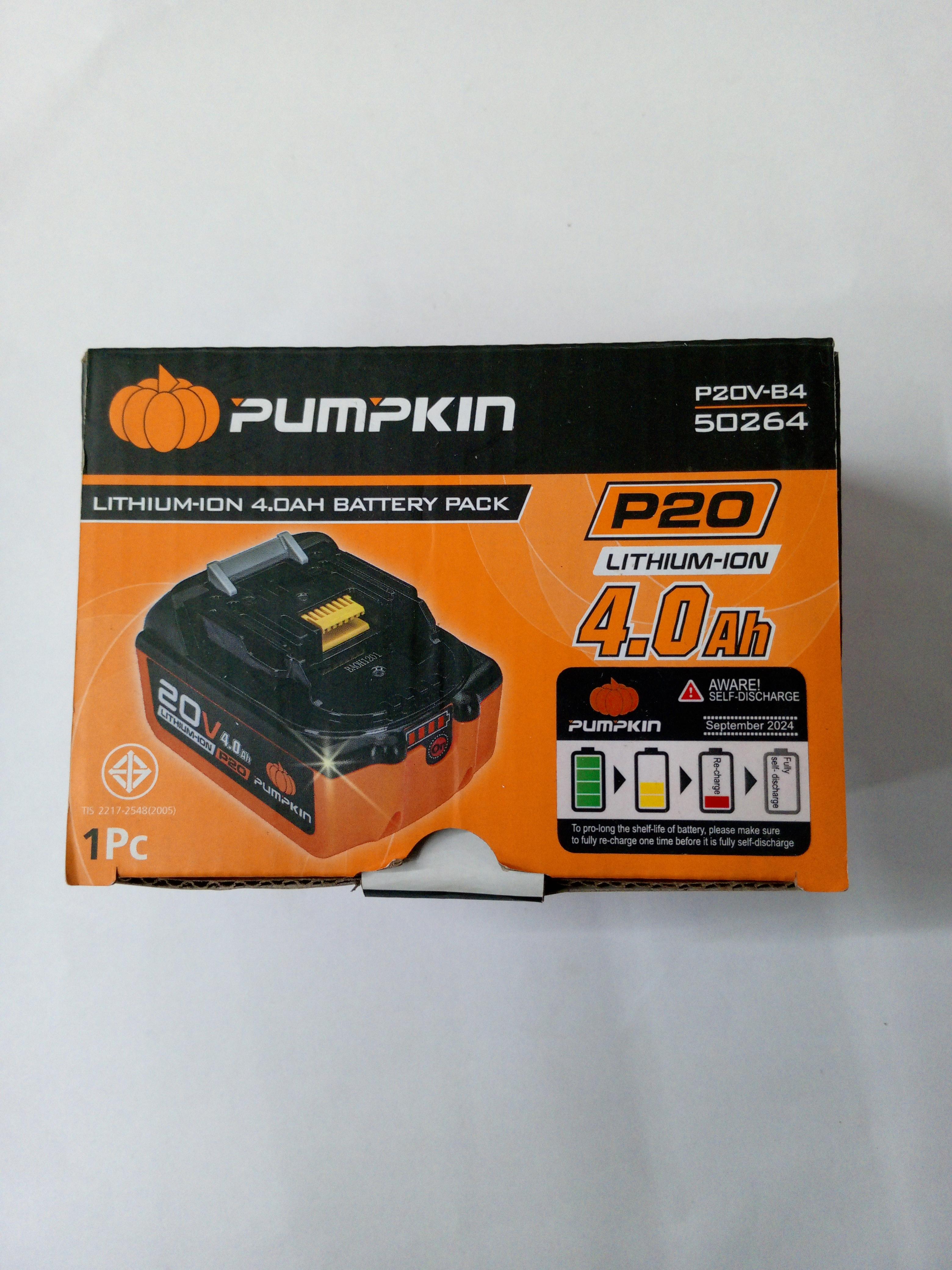 PUMPKIN แบตเตอรี่ลิเธียมไอออน ขนาดความจุ 4.0Ah (แอมป์อาวว์) 50264 P20V-B4 P20 PUMPKIN แบตเตอรี่ลิเธียมไอออน ขนาดความจุ 4.0Ah (แอมป์อาวว์) 50264 P20V-B4 P20 - ดำรงค์โฮมพลัส