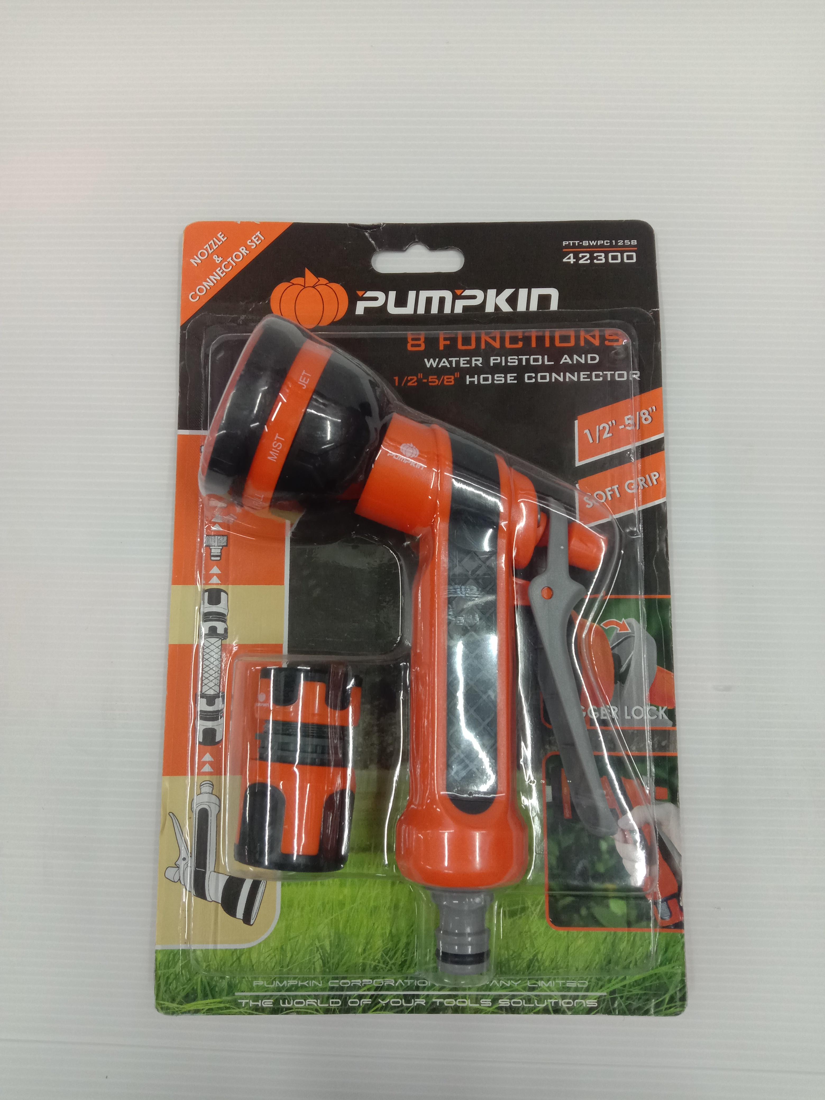 ชุดปืนฉีดน้ำ 8ฟังก์ชั่น พร้อมข้อต่อสายยาง 1/2-5/8 PTT-8WPC1258 PUMPKIN ชุดปืนฉีดน้ำ 8ฟังก์ชั่น พร้อมข้อต่อสายยาง 1/2-5/8 PTT-8WPC1258 PUMPKIN - ดำรงค์โฮมพลัส