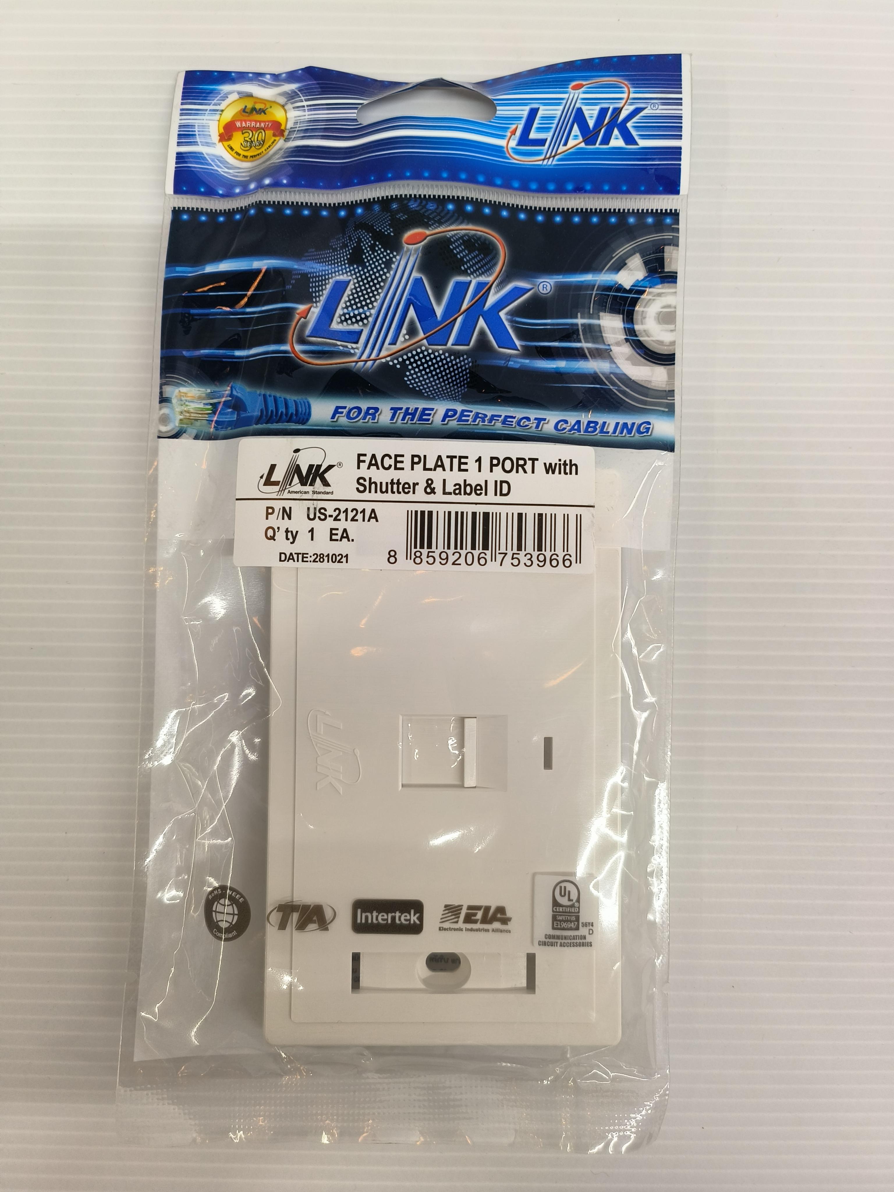 LINK หน้ากากครอบกับหัวแลน แบบ 1ช่อง มีSHUTTER มีป้ายชื่อ US2121A LINK หน้ากากครอบกับหัวแลน แบบ 1ช่อง มีSHUTTER มีป้ายชื่อ US2121A - ดำรงค์โฮมพลัส