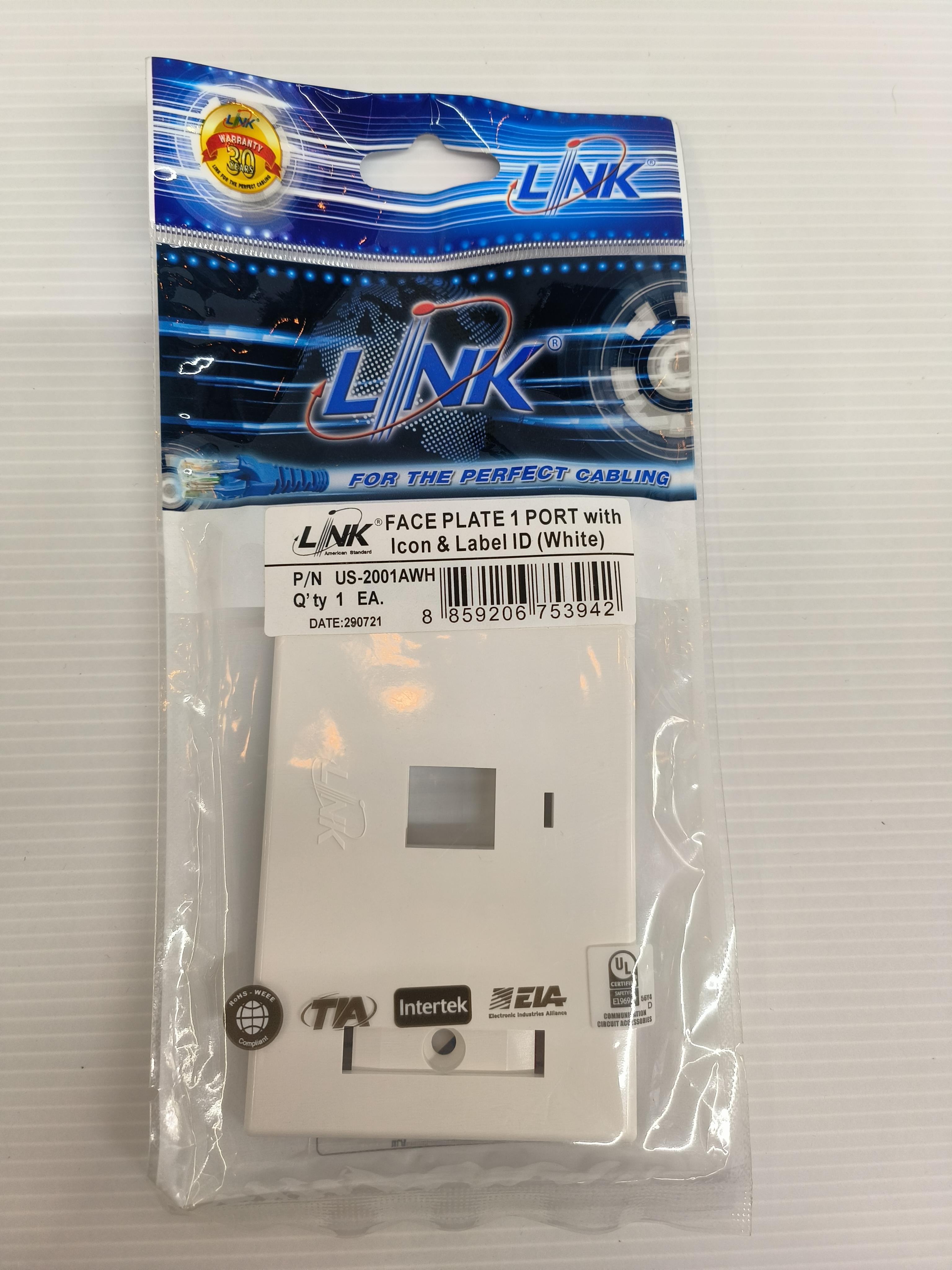 LINK หน้ากากครอบกับหัวแลน แบบ 1ช่อง มีป้ายชื่อ สีขาว US2001AWH