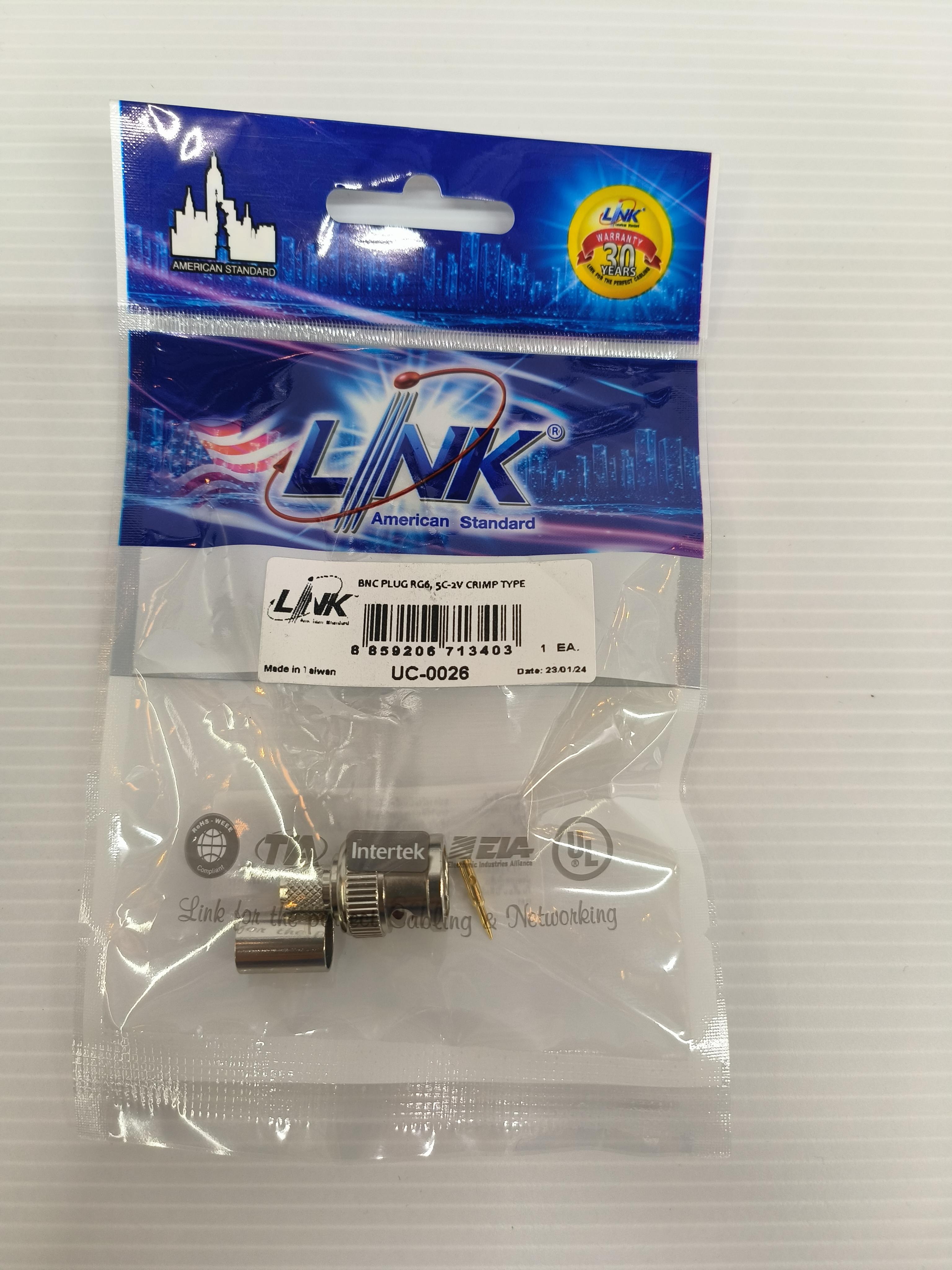 LINK หัวแจ็ค กล้องวงจรปิด BNC PLUG RG6 5C-2V CRIMP UC-0026 LINK หัวแจ็ค กล้องวงจรปิด BNC PLUG RG6 5C-2V CRIMP UC-0026 - ดำรงค์โฮมพลัส